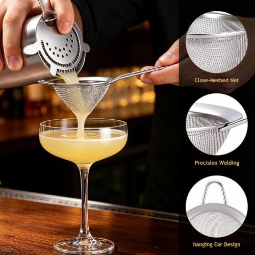 Yoption Cocktail Strainer Set, Stainless Steel Bar Tools with Mixing Stirring Spoon, Julep, Hawthorne, Fine Mesh Strainer and Jigger for Bartending