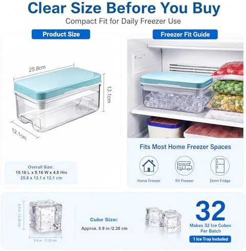Compact Ice Tray with Scoop & Bin – 32-Cube Single Layer Mold with Lid – Patented Press-Release Design US D1,006,068, BPA-Free, No-Spill, Easy Storage – Ideal for RV, Dorm, Small Freezers