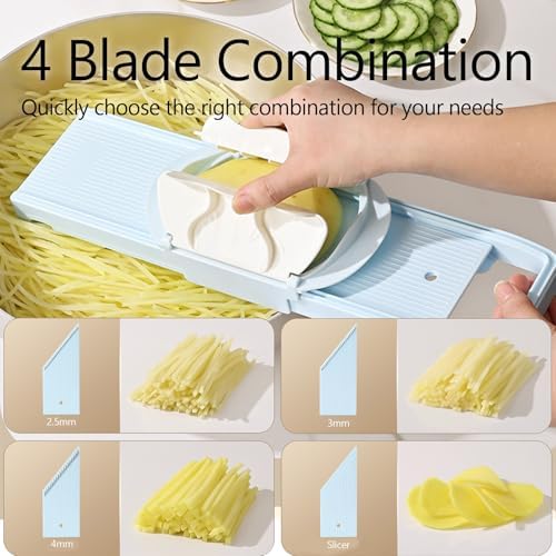LongJiang S2 Mandoline Slicer Set, Adjustable Thickness, 0.09-0.15 inches (2.5-4 mm), Safety Hand Guard, Adjustable Slicing Shredding, for Cabbage, Potato, Tomato, Carrot, Vegetables and Fruits