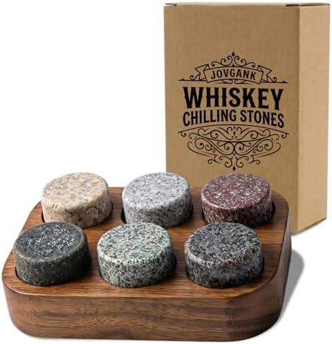 JOVGANK Granite Whiskey Stones Set of 6 with Wood Tray - Reusable Whisky Chilling Rocks for Scotch, Bourbon, Cocktails - Cool Drinks Without Dilution, Perfect Bar Accessories & Gift for Men