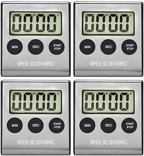 Sper Scientific Stainless Steel Digital Lab + Kitchen Timer 810028A – Compact Design Timer with Large Display & Loud Alarm - for Cooking, Baking, Labs, Workouts & More - 4 pc