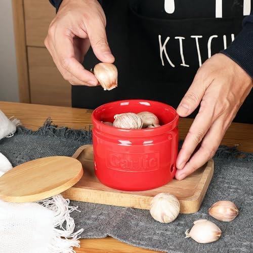 ONTUBE Ceramic Garlic Keeper with Wooden Lid 4-Inch,Garlic Holder (Red)