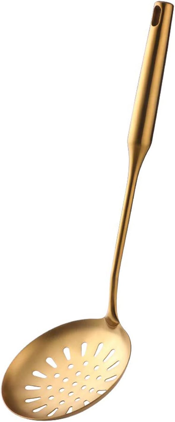 Kitchen Professional Skimmer Spoon, 304 Stainless Steel Slotted Spoon With Extra Large Bowl & Comfortable Grip Handle, Gold Durable Food Grade Strainer Spoon For Draining & Frying (14.5 inch)