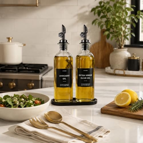 Olive Oil Dispenser for Kitchen, 2-Pack 16oz Glass Bottle with Labels