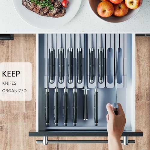 Domax Knife Drawer Organizer Insert Bamboo for 16 Knives, Gray