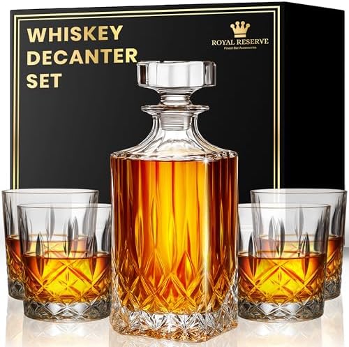 Whiskey Decanter Set for Men, Crystal Bourbon Decanter 24 oz with 4 Glasses