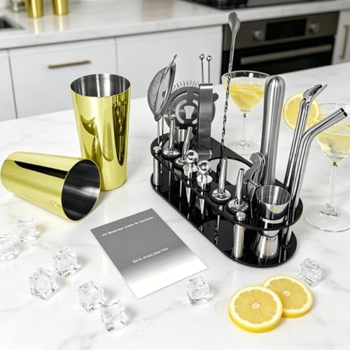 22-Piece Cocktail Shaker Set, 25/20oz Bartender Kit, Bartending Stainless Steel Bar Tools Sets for Drink Mixing, Boston Cocktail Shakers with Stand Recipes Booklet (Rose Copper-25-20oz)