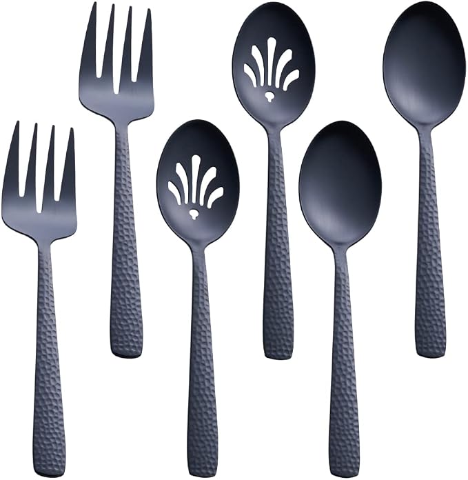 Matte Black Serving Utensil Set, 9.5-inch Stainless Steel Large Serving Spoon and Serving Fork, Satin Finish