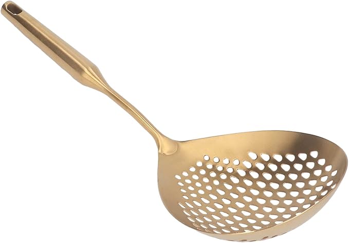 Stainless Steel Strainer Spoon, Long Handle, 15.7 Inches, Gold, for Cooking, Frying, and Filtering