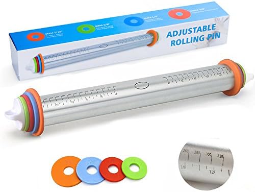 17 Inch Rolling Pin, Non Stick Stainless Steel Dough Roller with 1/16, 1/8, 1/4 and 3/8 Inch 4 Pairs Detachable Thickness Guide Rings for Baking/Dough/Pizza/Pie/Pastries/Pasta/Cookies …