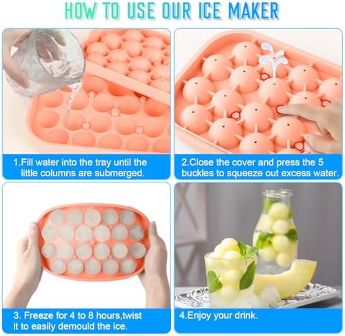 Ice Cube Tray for Freezer, 2 Pack Silicone Ice Balls Maker with Lid BPA Free Easy-Release Ice Cube Molds, DIY Homemade Round Ice Cubes for Whiskey, Cocktails, Coffee (Pink)