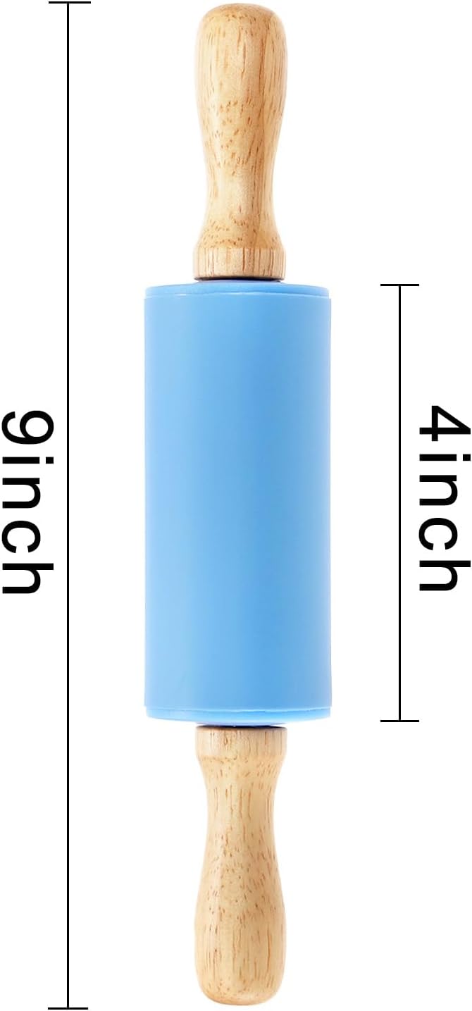 SOUJOY 8 Pack Mini Rolling Pin, 9 Inch Small Dough Roller with Wood Handle, Silicone Dough Rolling Pin for Kids Craft Kitchen Dough Cookie Pastry Fondant Cake, 4 Colors