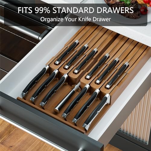 Domax Bamboo In-drawer Knife Block - Kitchen Knife Drawer Organizer Insert, Steak Knife Holder Without Knives, Drawer Knife Organizer Fits for 12 knives and 1 Sharpening Steel (Not Included), Walnut