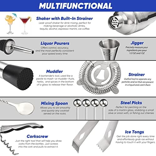 14PC Bartender Kit - Silver Cocktail Shaker Set - All Barware Essentials for Drink Mixing Includes Stand, Martini Shaker, Jigger, Strainer, Mixer Spoon, Muddler, Liquor Pourers, Touch of Mixology