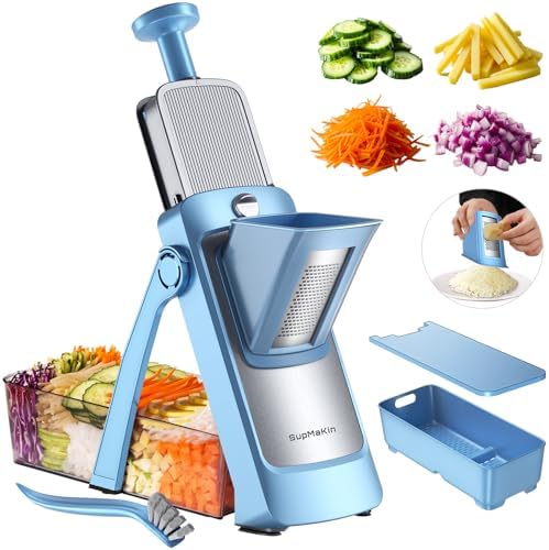 SupMaKin Upgrade Safe Mandoline Slicer,Multi Vegetable Chopper,Potato Slicer, Onion Chopper with Drain Basket Storage Container, Cheese Grater Kitchen Chopping Artifact (BlueGray)