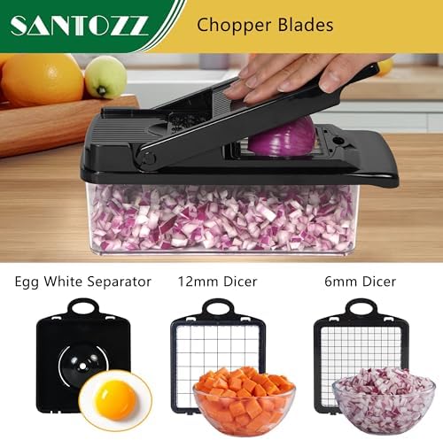 SANTOZZ Multifunctional Vegetable Chopper with Container, Vegetable Cutter with Interchangeable Blades, Onion Slicer, Garlic Grinder, Dicer for Potato, Carrot Chopper