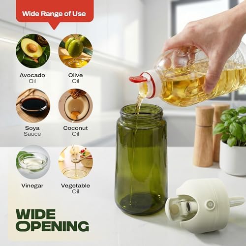 PORTENTUM Olive oil spray bottle for cooking 16oz/470ml 2 in 1 spray and pour function – Anti drip green glass bottle dispenser with light protection – Multilingual labels – Air fryer salads grilling