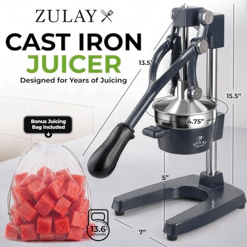 Zulay Kitchen Cast Iron Juicer - Heavy Duty Orange Juicer with Detachable Strainers for Easy Cleaning, Citrus Press for Citrus Fruits, Perfect for Bartenders, Juice Lovers & Health Enthusiasts