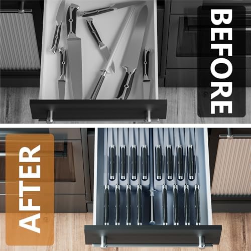 Domax Knife Drawer Organizer Insert Bamboo for 16 Knives, Gray