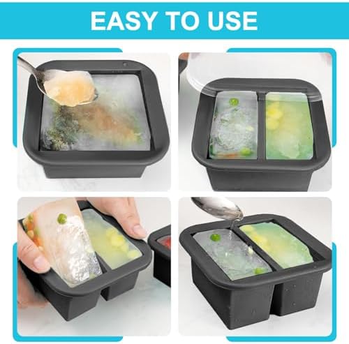 Silicone Freezer Tray with Lid 2 Pack Silicone Freezer Molds Ice Cube Tray Makes 4 Perfect 1 Cup Portions Soup Cubes Meal Prep Containers- Oven & Dishwasher Safe