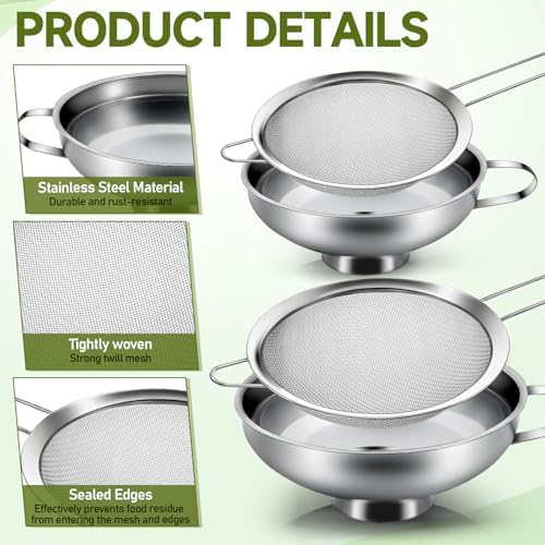 4 Pieces Stainless Steel Funnels with Fine Mesh Strainer Wide Mouth Food Grade Stainless-Steel Funnel with Stainless Steel Wire Strainersl for Spices, Juices, Powders, Coffee Beans