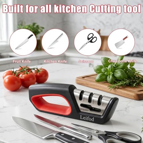4in1 Knife Sharpener,3-Stage Manual Guided Knife Sharpeners,with Ceramic Stone, Tungsten Carbide Plates, Diamond rods