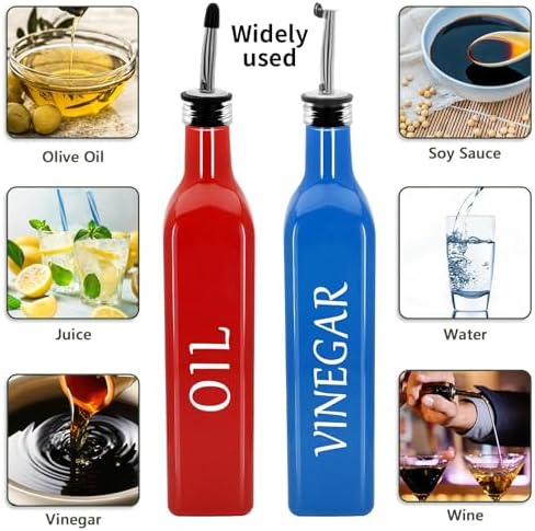 Olive Oil Dispenser Bottle,2 Pcs 17oz 500ml Glass O il and Vinegar Dispenser Set with 2 Stainless Steel Pourers, 8 Labels,Funnel Vinegar Bottles for Kitchen (Red Oil & Blue Vinegar)