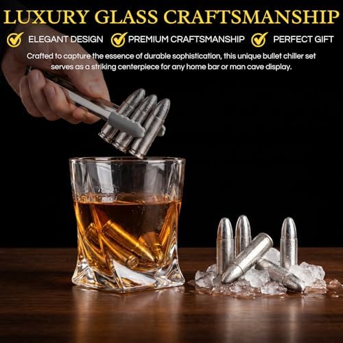 Luxurious Bar Gift Set - 2 Whiskey Glasses + 10 Bullets Chilling Stainless-Steel Whiskey Rocks - Slate Stone Coasters & Tongs - Set in Premium Wood Box by The Wine Savant - Birthday Gift - 11 oz Glass