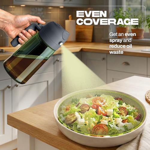 PORTENTUM Olive oil spray bottle for cooking 16oz/470ml 2 in 1 spray and pour function – Anti drip green glass bottle dispenser with light protection – Multilingual labels – Air fryer salads grilling