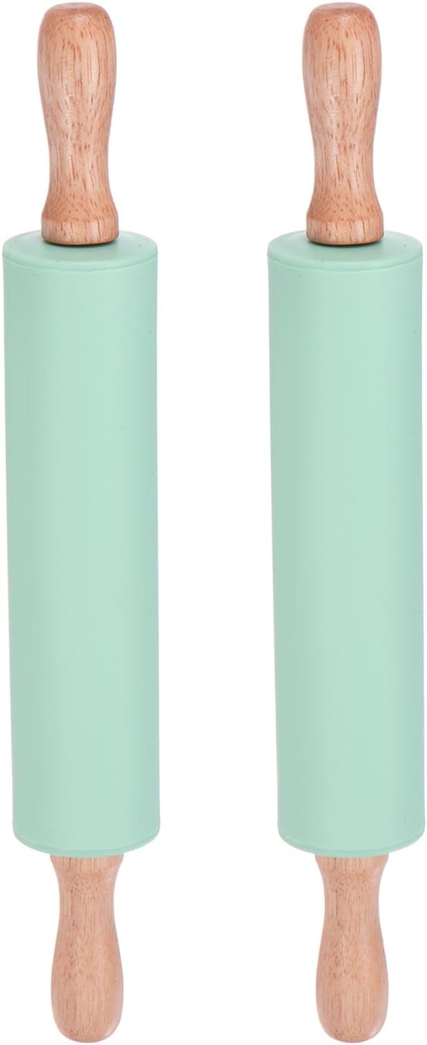 HARFINGTON 2pcs Silicone Rolling Pins for Baking 12.2 Inch Non-Stick Silicone Surface Wooden Handle Rolling Pin Small Roller Playdough Rolling Pins for Fondant Kitchen Dough Pizza, Green