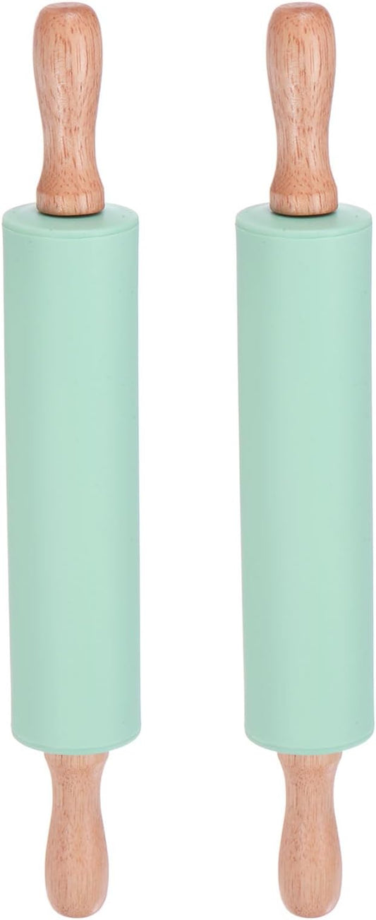 HARFINGTON 2pcs Silicone Rolling Pins for Baking 12.2 Inch Non-Stick Silicone Surface Wooden Handle Rolling Pin Small Roller Playdough Rolling Pins for Fondant Kitchen Dough Pizza, Green
