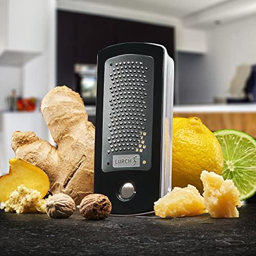 Lurch Germany RazorTech - Mini Nutmeg, Cheese, Spice, Garlic and Ginger Grater - Lemon & Citrus Zester - Stainless Steel Grinder with Food Storage Container - Black