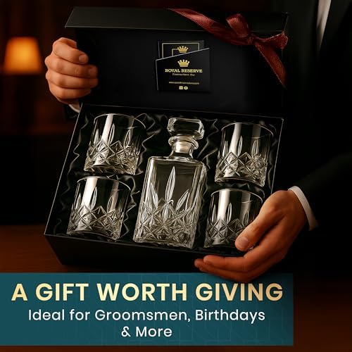 Whiskey Decanter Set for Men, Crystal Bourbon Decanter 24 oz with 4 Glasses