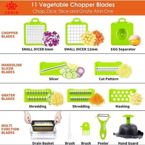 ZARIN 16‑in‑1 Vegetable Chopper & Slicer – Multi-Function Kitchen Gadget for Onions, Fruits & Vegetables – Mandoline Slicer with Interchangeable Blades for Easy Meal Prep