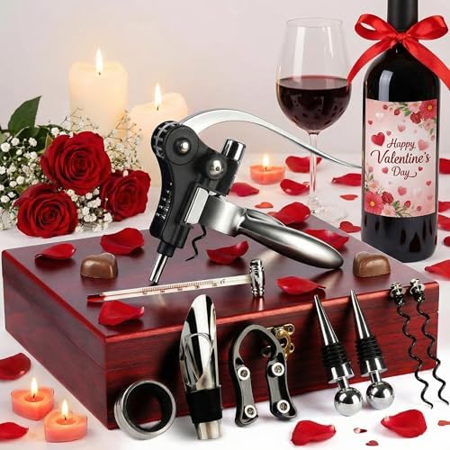 Valentines Day Gifts, 9 PCS Corkscrew Wine Opener Set, Stainless Steel Cork Screw Rabbit Wine Bottle Opener Kit Including Foil Cutter, Pourer, Vacuum Wine Stopper Corkscrews etc