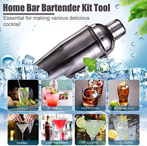 Bartender Kit with Stylish Bamboo Stand, 12 Piece 25oz Cocktail Shaker Set for Mixed Drink, Professional Stainless Steel Bar Tool Set, Gift for Man Dad- Cocktail Recipes Booklet (Grey)