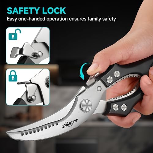 Heavy Duty Poultry Shears, Molybdenum-Vanadium Steel Kitchen Scissors for Chicken Bone and Meat, Ergonomic Non-Slip Handle with Spring Loaded & Safety Lock, Sharp Food Shears for Kitchen