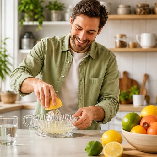 Glass Lemon Lime Squeezer, Manual Lemon Juicer Reamer, Hand Held Citrus Squeezer for Lime, Lemon, Small Orange, Glass Citrus Juicer with Handle & Pour Spout