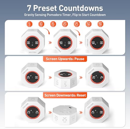 Secura Pomodoro Timer with 5/10/15/20/25/50/90 Min Presets, 3 Level Volume