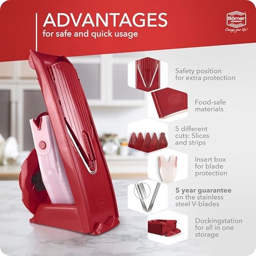 Mandoline Food Slicer Börner V1 (Profi Set) by Reston Lloyd • V-Slicer with 4 Inserts, Docking Station & Food Holder • Made in Germany • Fruit & Vegetable Chopper • Multiple Settings • Color: Red