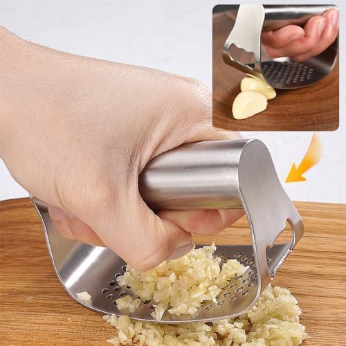 Stainless Steel Garlic Presser, Garlic Press Rocker Heavy Duty Stainless Steel Garlic Mincer, Garlic Chopper with Peeler And Cleaning Brush for Smash Garlic Kitchen Tools (B)