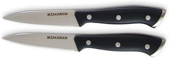 Zakarian by Dash 2 Piece Chef Grade German Steel Paring Knife Set with Smooth and Serrated Blades for Chopping, Dicing, Mincing, Slicing and More – Black