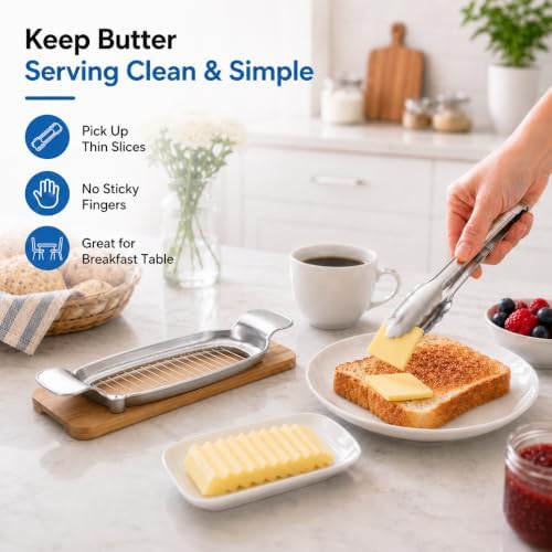Butter Slicer Cutter with Serving Tongs, 304 Stainless Steel Butter and Cheese Cutter Wire Slicer Kitchen Gadget for Block Butter, Soft Cheese, Toast, Pancakes, Breakfast, Baking and Serving