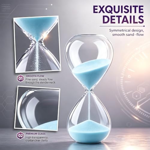 Hourglass, HoveBeaty Light Blue Sand Timer, 15 Minute Hand-Blown Glass