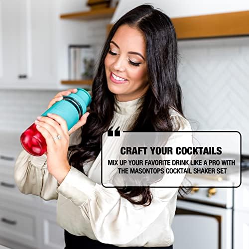 Masontops Cocktail Shaker Set – Glass Mason Jar Drink Shaker – 4 PC Set with Metal Swizzle Stick - Teal