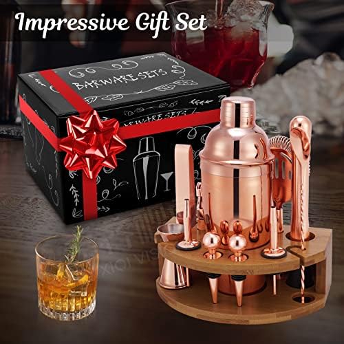 Bartender Kit with Bamboo Stand, 12 Piece 25oz Cocktail Shaker Set with All Essential Bar Tools Set for Drink Mixing, Ideal Gifts for Cocktail Lovers, Home Bar Bartending Kit with Cocktail Recipes