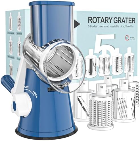 Cambom Rotary Cheese Grater Hand Crank Cheese Shredder for Fresh Cheese, Vegetable, Nuts,Non-slip Suction Base, Five Blades, Dark Blue