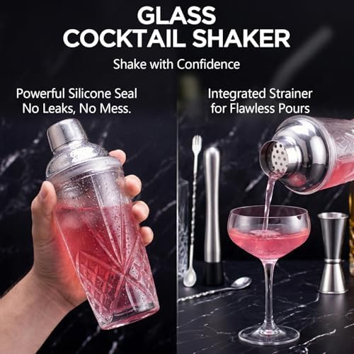 Cocktail Shaker Set with Jigger, Glass Shaker with Strainer