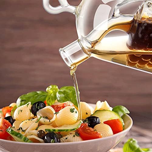2 in 1 Olive Oil Vinegar Dispenser Cruet, Clear Glass Vinegar and Oil Bottles, Double Pourer Spout Oil Dispenser Bottle for Kitchen Cooking Container