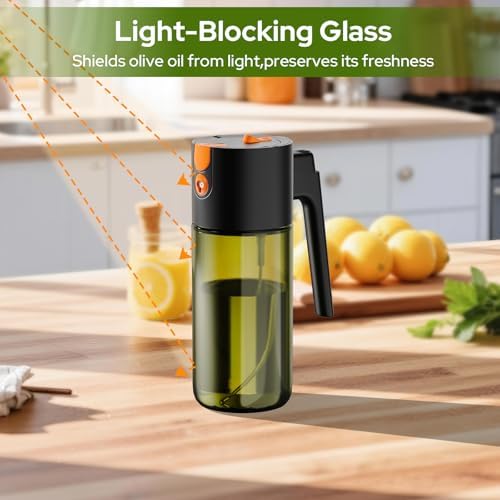 Oil Spray Bottle 500ml, 2-in-1 Spray & Pour Light-Blocking Glass, Refillable Olive Oil Dispenser for Kitchen, Air Fryer, Salad, and Barbecuing, with Brush（Black)